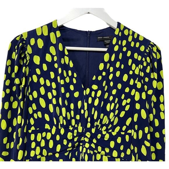 Maggy London Dress V-Neck Midi Back Zip Dark Blue Green Dot Career Work Size 4 - Picture 4 of 13